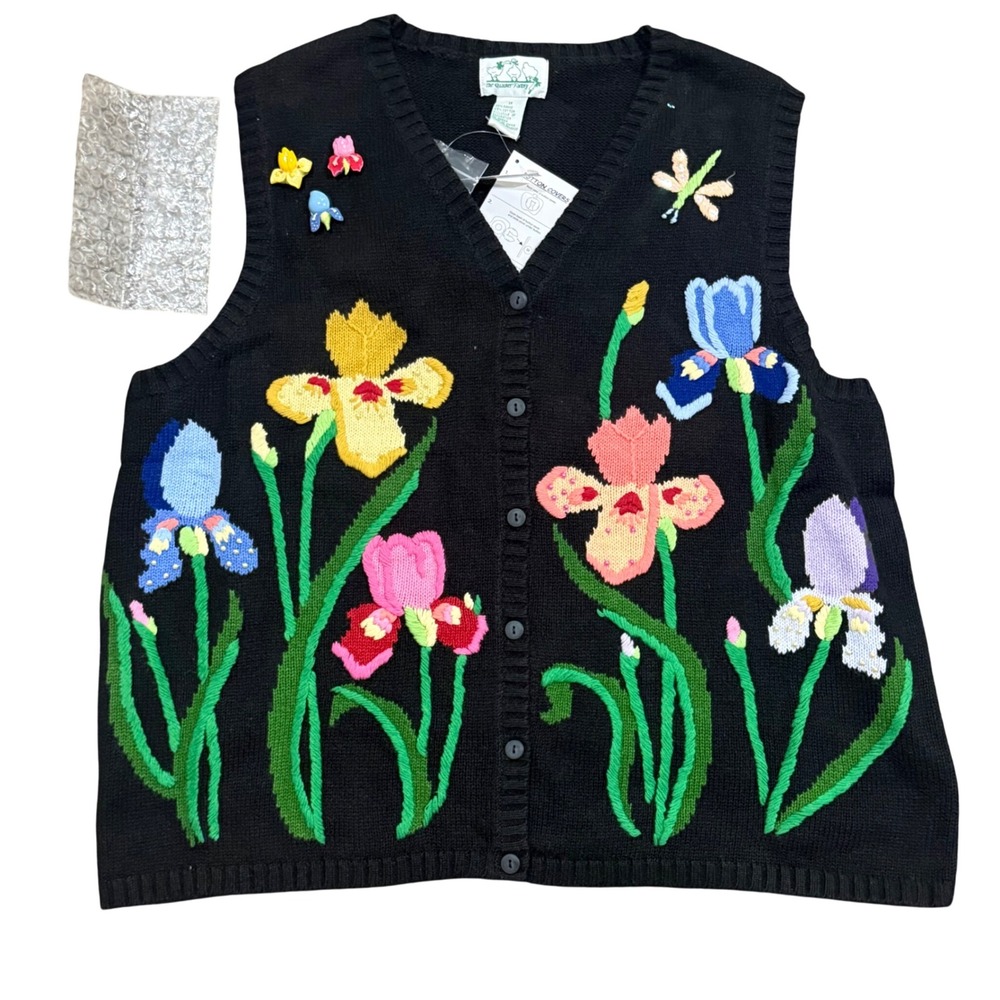 VTG Quacker Factory Womens 1X Black Floral Iris Knit Sweater Vest Button Front